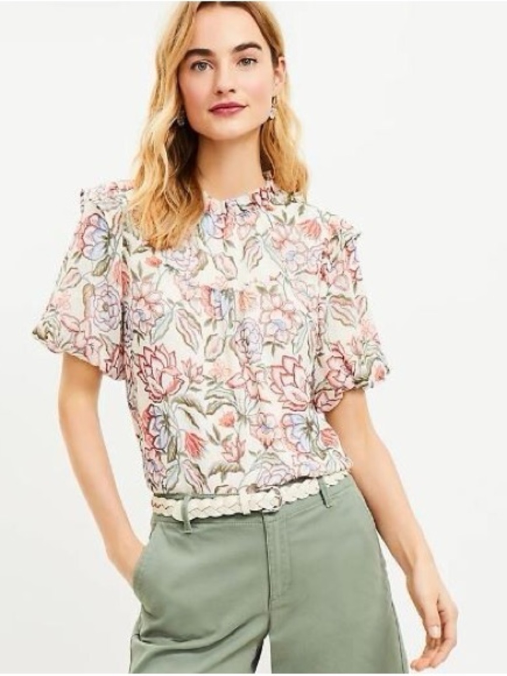 LOFT Floral Ruffle Neck Short Sleeve Top - Pink Multi